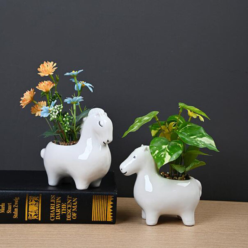 Bonsai Garden Art - Beyaz Porselen Yaratıcı At Saksı Yeşil